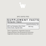 Supplement Facts panel for InfiniWell BPC Rapid Pro showing serving size, BPC amount per capsule, and other ingredients.
