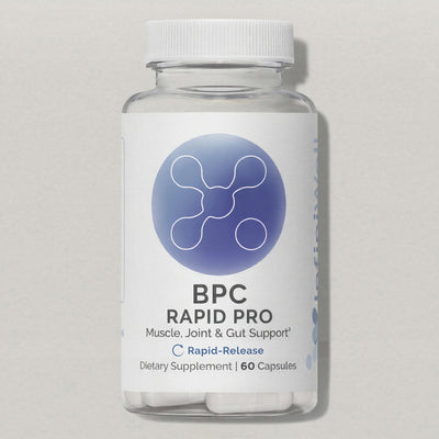 InfiniWell BPC Rapid Pro Rapid-Release dietary supplement bottle with white capsules visible, front label, 60 capsules.