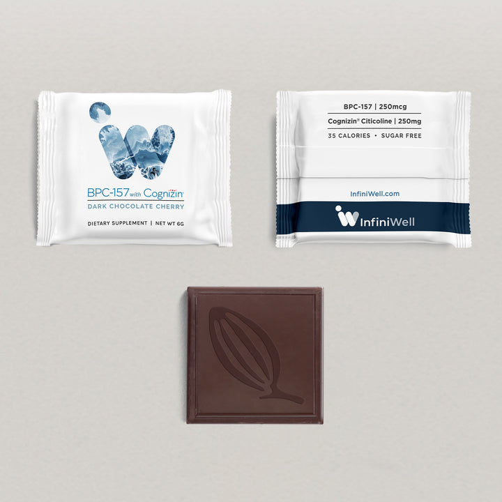 Dark chocolate cherry supplement featuring BPC-157 & Citicoline; sugar-free.
