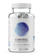 InfiniWell Control Metabolic Optimization supplement bottle with white capsules, transparent background, 90 capsules.