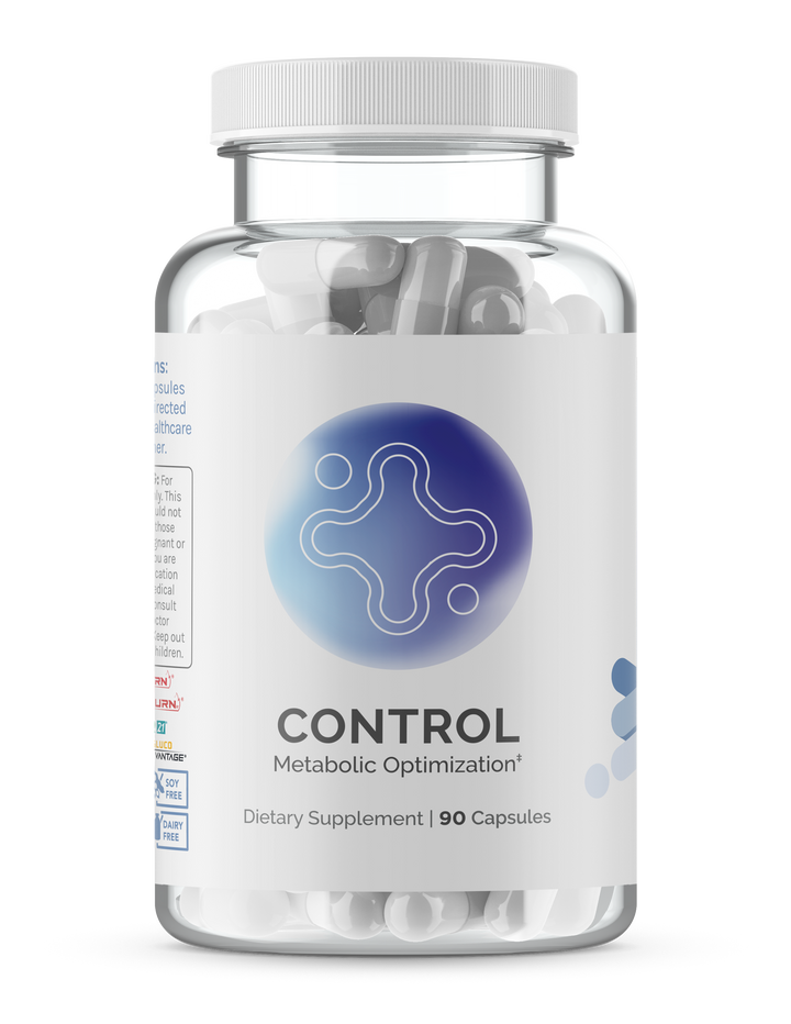 Clear plastic bottle of dietary supplement capsules; 90 count, metabolic support.
