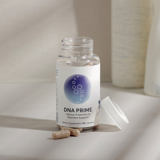 DNA PRIME dietary supplement: 60 capsules for cellular protection & telomere support.
