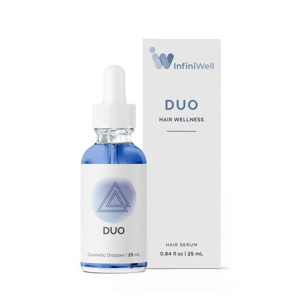 InfiniWell DUO hair serum dropper bottle with 25 mL product box on white background, methyl vanillate formula