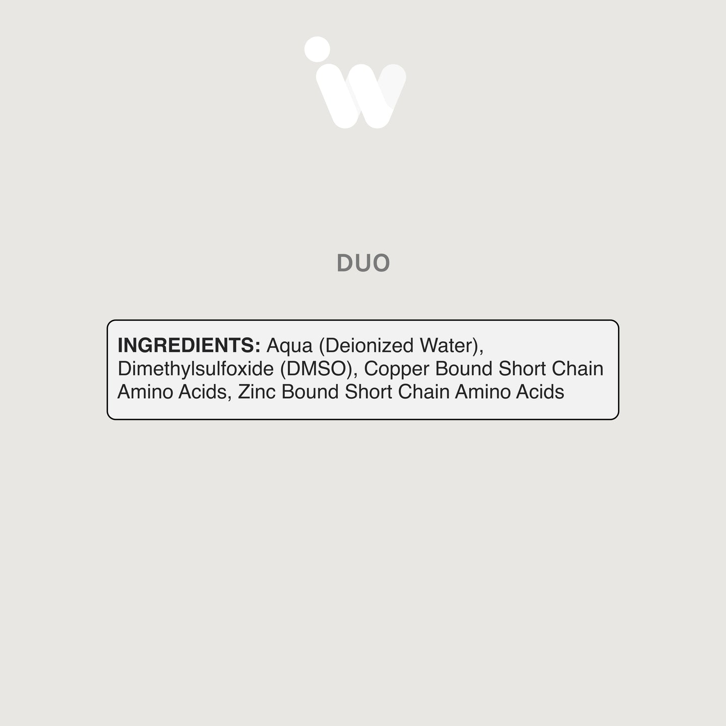 Ingredients panel for Infiniwell DUO serum showing deionized water, DMSO, copper peptides and zinc peptide ingredients