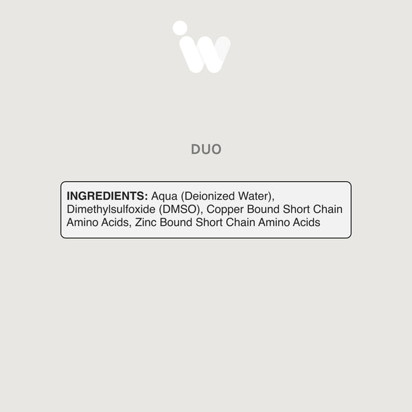 Ingredients panel for Infiniwell DUO serum showing deionized water, DMSO, copper peptides and zinc peptide ingredients