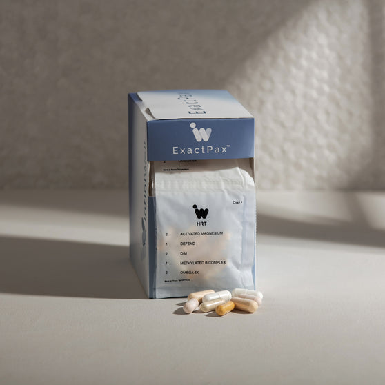 ExactPax HRT support supplement capsules: Activated Magnesium, Defend, DIM, Methylated B Complex, Omega 5X.
