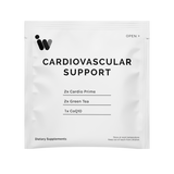 White single-serving pouch of cardiovascular support supplements;  lists Cardio Prime, green tea, and CoQ10 contents.
