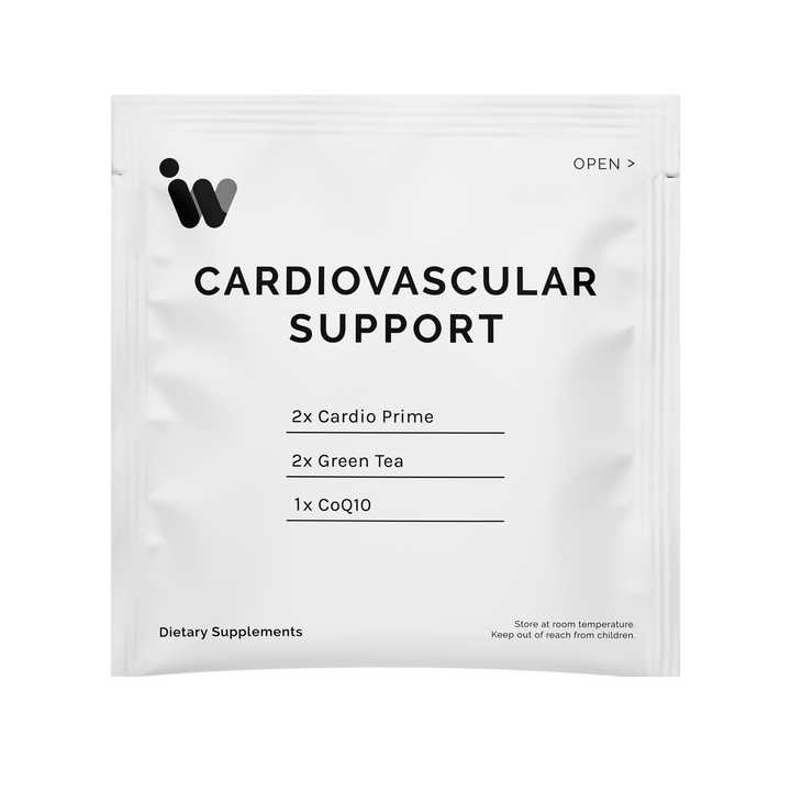 White single-serving pouch of cardiovascular support supplements;  lists Cardio Prime, green tea, and CoQ10 contents.
