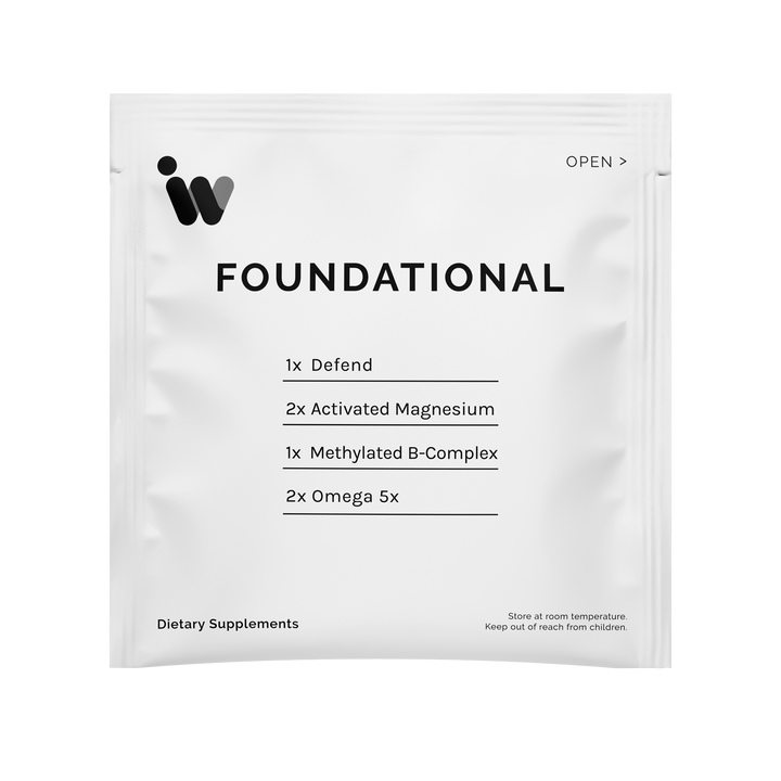 White dietary supplement packet listing contents: Defend, Activated Magnesium, Methylated B-Complex, and Omega 5x.
