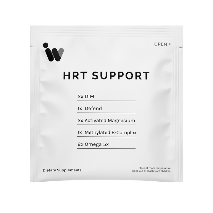 Dietary supplement packet listing ingredients: DIM, Defend, Activated Magnesium, Methylated B-Complex, and Omega 5x.
