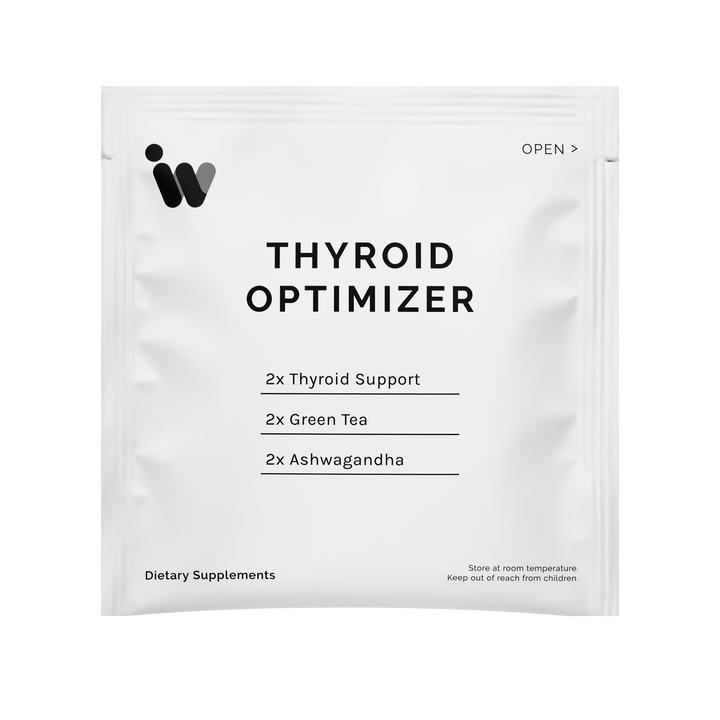 White dietary supplement packet detailing thyroid support blend with green tea and ashwagandha.
