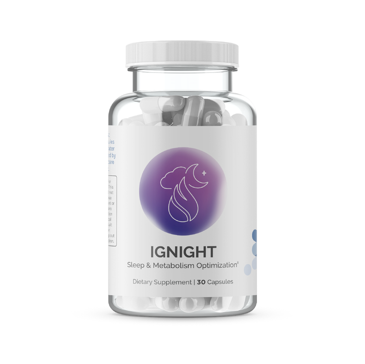 Clear bottle of sleep & metabolism support capsules; 30 count.
