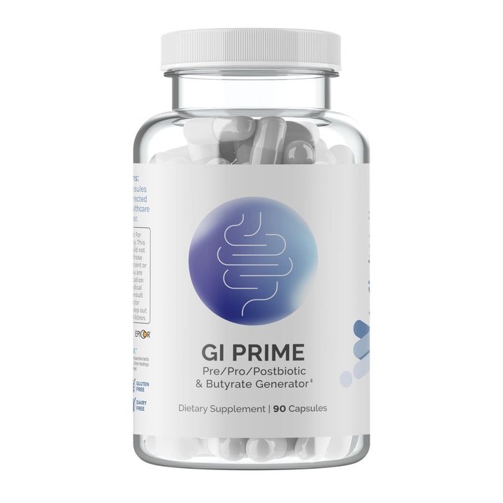 Supplement bottle with 90 capsules; pre/pro/postbiotic blend.
