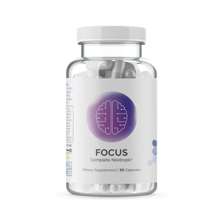 Nootropic supplement bottle; 30 capsules.
