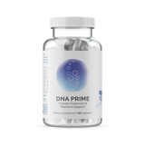 Clear bottle of dietary supplement capsules; cellular protection and telomere support.
