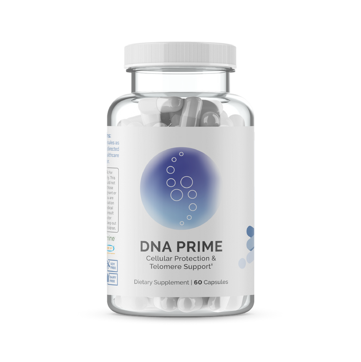 InfiniWell DNA PRIME dietary supplement bottle with white capsules, front label, 60 capsules.