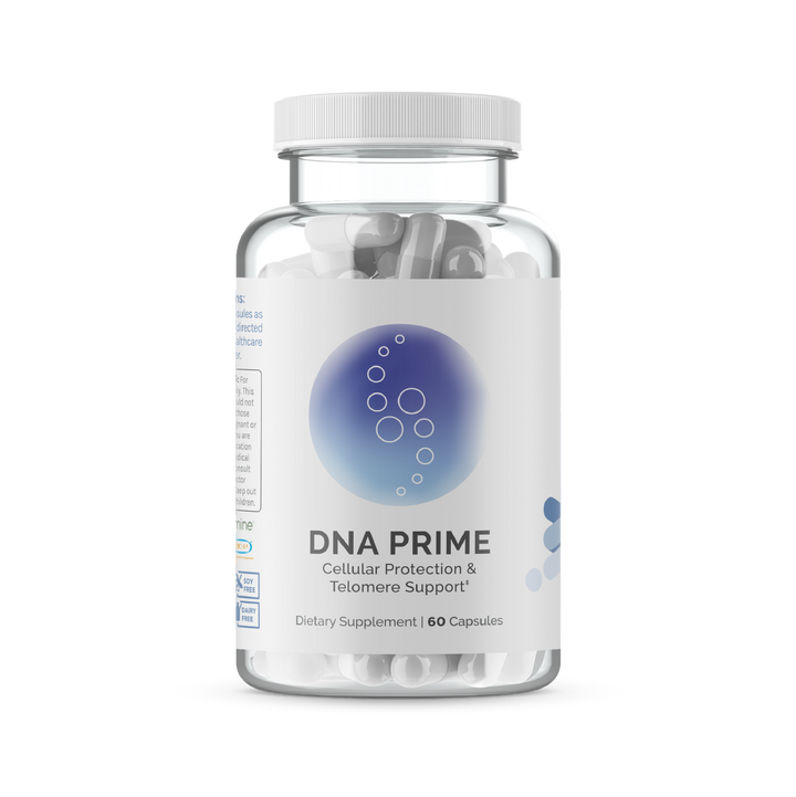 Clear bottle of dietary supplement capsules; cellular protection and telomere support.
