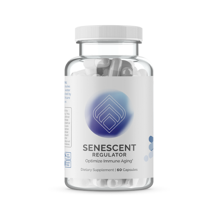 InfiniWell Senescent Regulator dietary supplement bottle with white capsules, front label, transparent background.