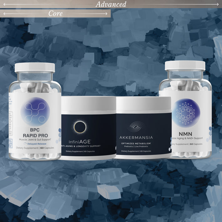 InfiniWell Advanced Vitality & Healthy Aging protocol featuring BPC Rapid Pro, InfiniAGE, Akkermansia, and NMN supplements on a blue textured background