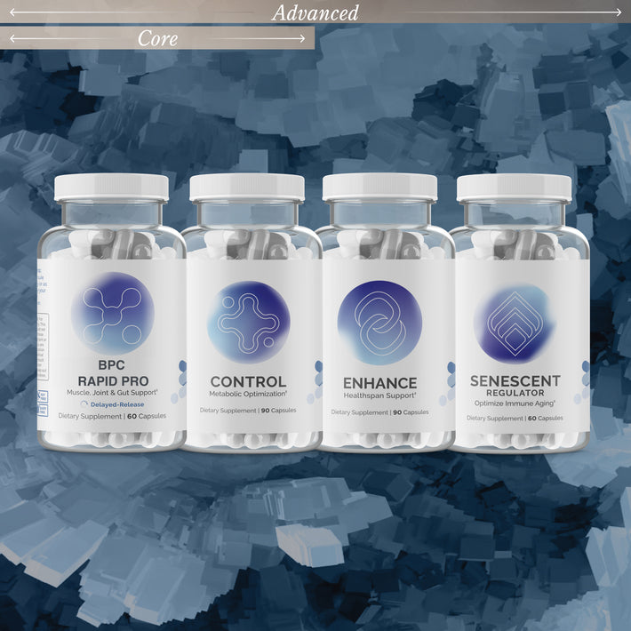 Protocol graphic showing InfiniWell BPC Rapid Pro, Control, Enhance, and Senescent Regulator supplements for the Advanced Lean Body Balance protocol
