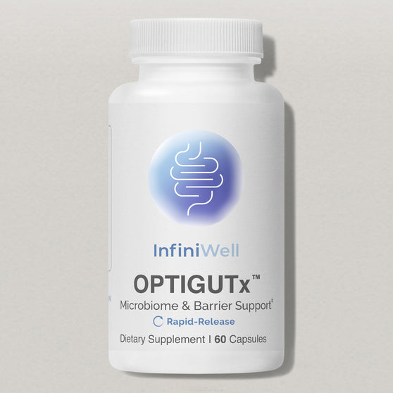 White bottle of InfiniWell OPTIGUTx rapid-release dietary supplement, 60 capsules, front label on a light gray background