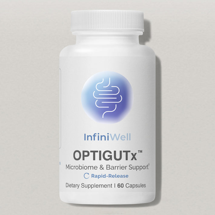 White bottle of InfiniWell OPTIGUTx rapid-release dietary supplement, 60 capsules, front label on a light gray background