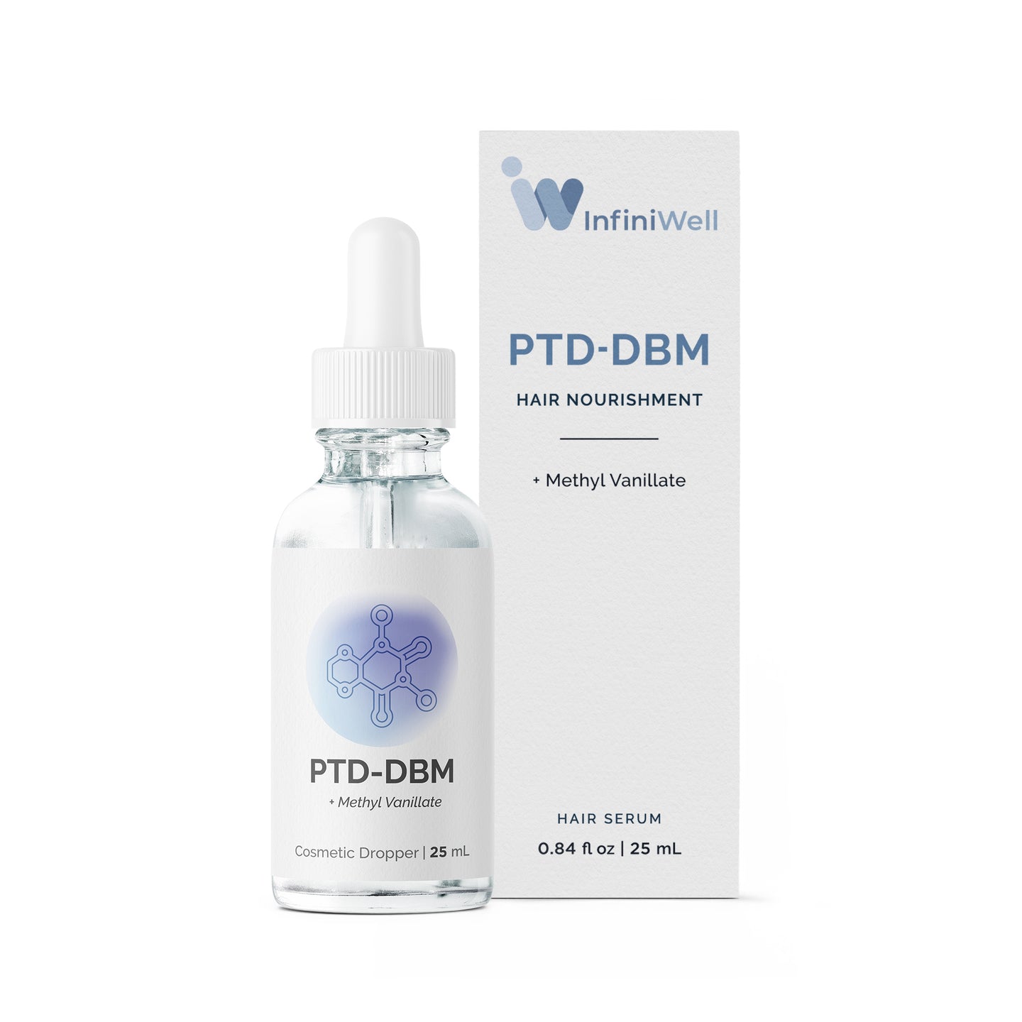 Infiniwell PTD-DBM hair serum dropper bottle with 25 mL product box on white background, methyl vanillate formula