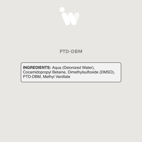 Ingredients panel for Infiniwell PTD-DBM serum showing deionized water, DMSO, PTD-DBM and methyl vanillate ingredients