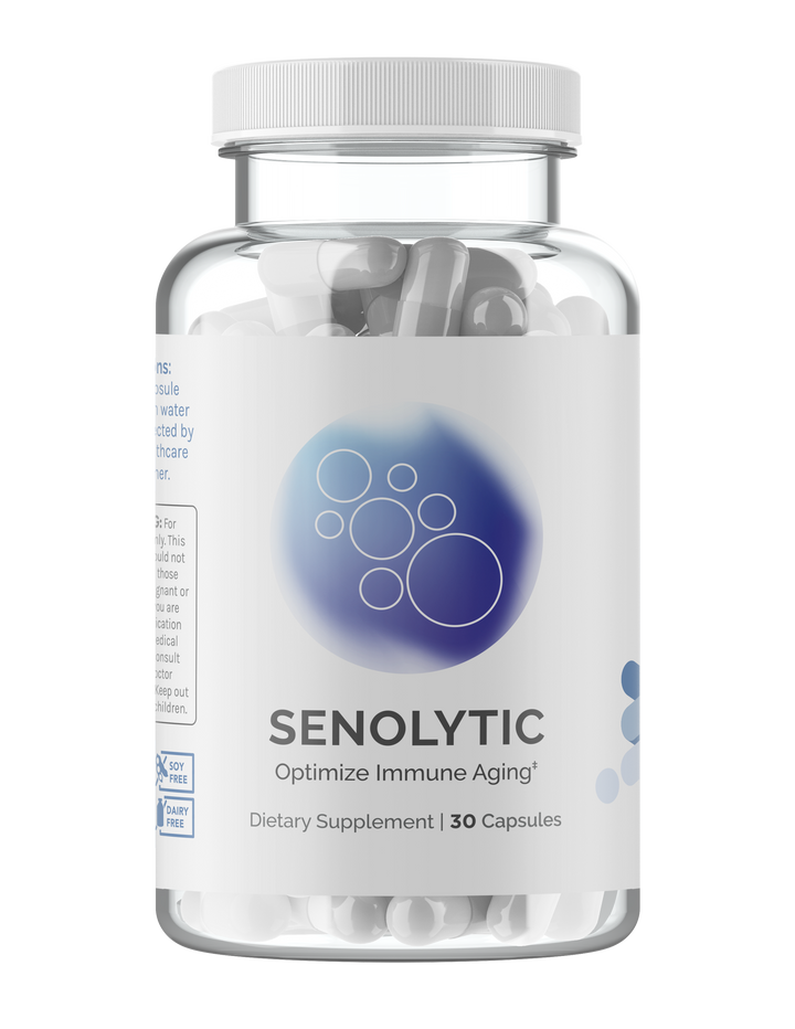 Clear bottle of dietary supplement capsules; 30 servings, soy and dairy free.
