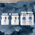 Four InfiniWell skincare and supplement products displayed together with protocol comparison graphic on a textured blue background