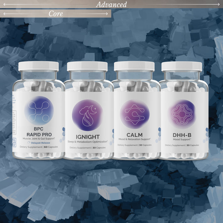 Protocol comparison graphic showing InfiniWell BPC Rapid Pro, IgNIGHT, Calm, and DHH-B supplement bottles for the Advanced Sleep Quality for Recovery protocol