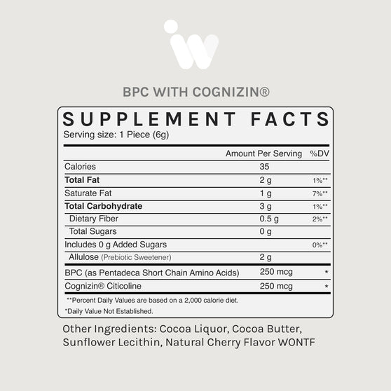 InfiniWell Smart Chocolate BPC-157 with Cognizin: 30 dark chocolate cherry chocolates, 180g dietary supplement.
