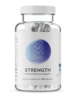Front label of InfiniWell STRENGTH skeletal muscle support supplement bottle with 90 capsules on transparent background.