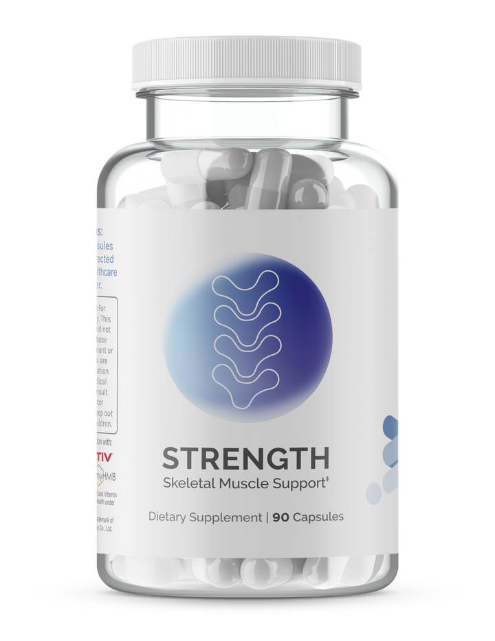 Clear plastic bottle filled with white capsules; 90 servings of skeletal muscle support supplement.

