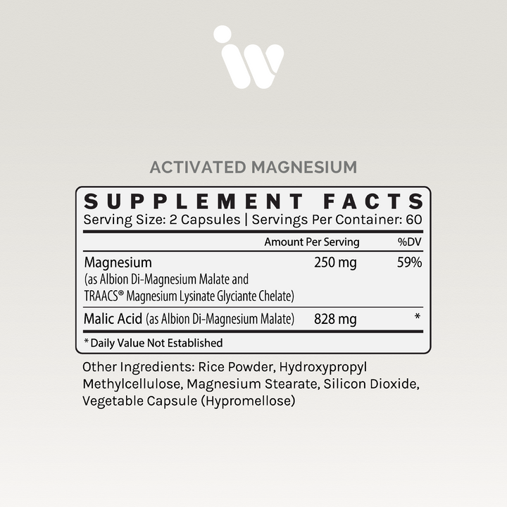 Supplement facts label showing 250mg magnesium and 828mg malic acid per serving.
