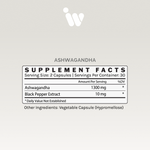 Supplement Facts panel for Infiniwell Ashwagandha showing 1300 mg ashwagandha, black pepper extract and serving size