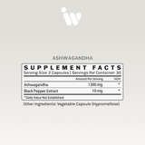Supplement facts label: 1300mg ashwagandha, 10mg black pepper extract per serving.  30 servings total.
