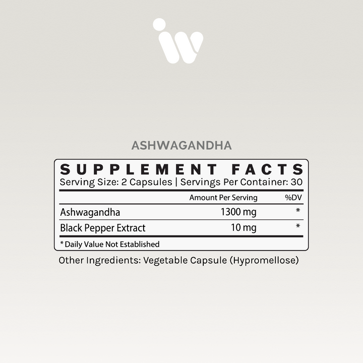 Supplement facts label: 1300mg ashwagandha, 10mg black pepper extract per serving.  30 servings total.
