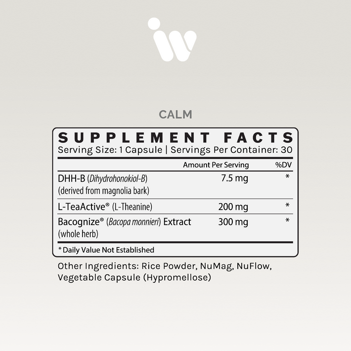 Supplement Facts panel for InfiniWell CALM mood support supplement showing serving size and ingredients.
