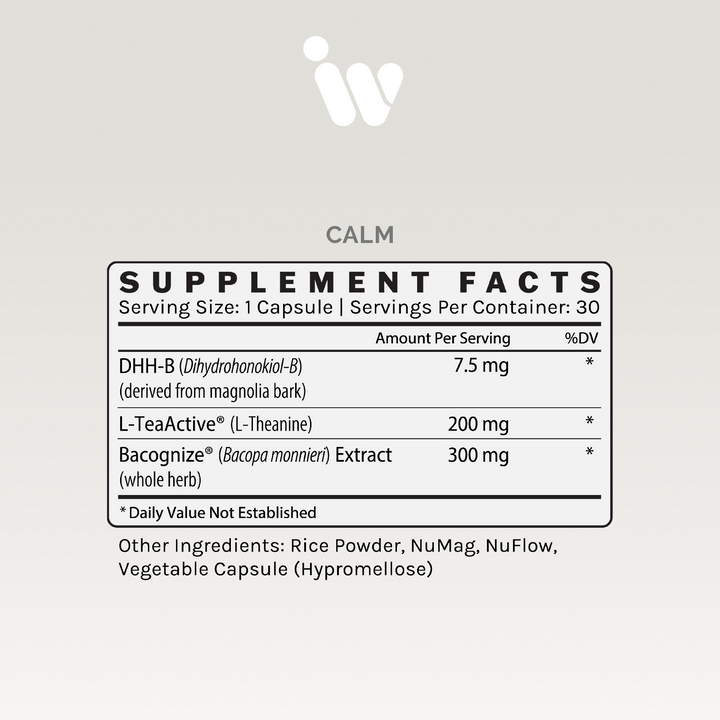 Supplement facts panel showing ingredients and dosages per serving, including L-Theanine and Bacopa extract.
