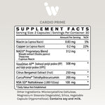 Supplement Facts panel for InfiniWell Cardio Prime cardiovascular support supplement showing serving size and ingredients.