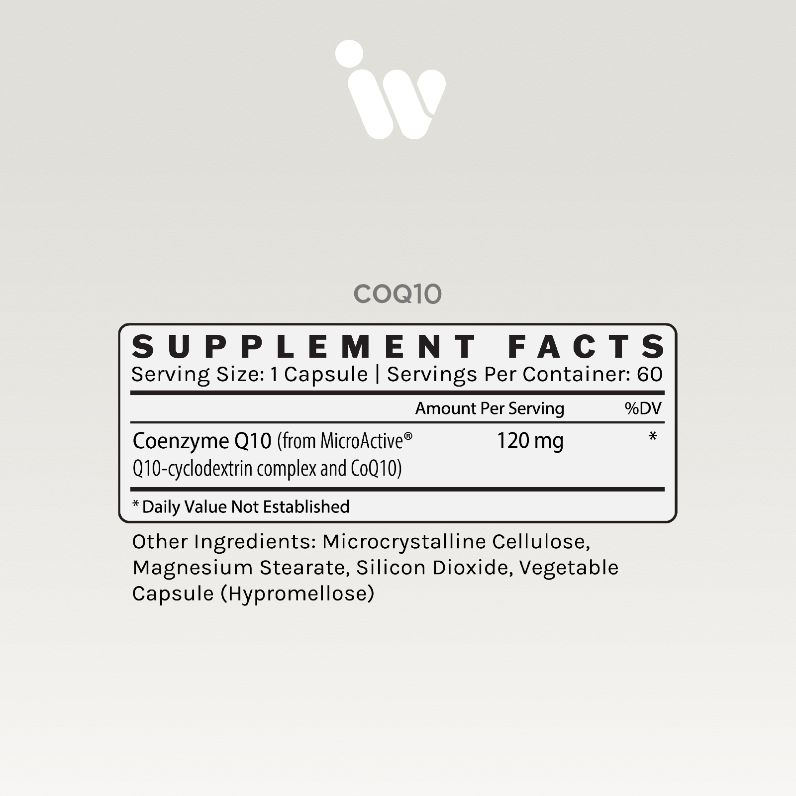 CoQ10 supplement facts label: 120mg per serving, 60 servings per container.  Details other ingredients.
