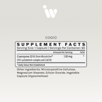 InfiniWell CoQ10 Supplement Facts panel showing serving size, 120 mg Coenzyme Q10, other ingredients, and 60 servings.