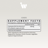 CoQ10 supplement facts label: 120mg per serving, 60 servings per container.  Details other ingredients.
