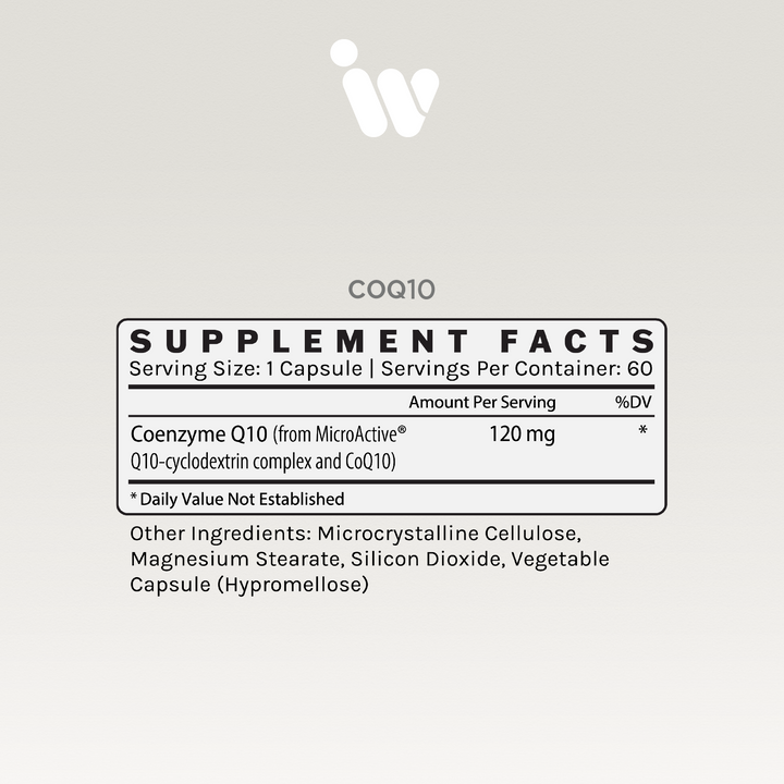 CoQ10 supplement facts label: 120mg per serving, 60 servings per container.  Details other ingredients.
