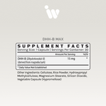 Supplement Facts panel for Infiniwell DHH-B MAX showing 15 mg DHH-B, serving size and other ingredients