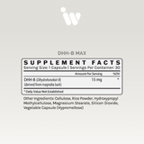 Supplement facts label showing 15mg of DHH-B per serving, derived from magnolia bark.
