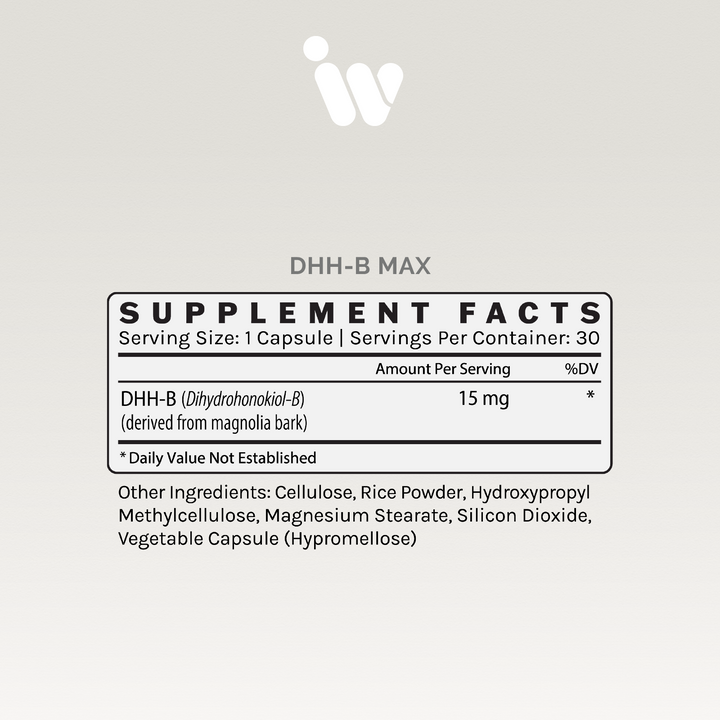 Supplement facts label showing 15mg of DHH-B per serving, derived from magnolia bark.
