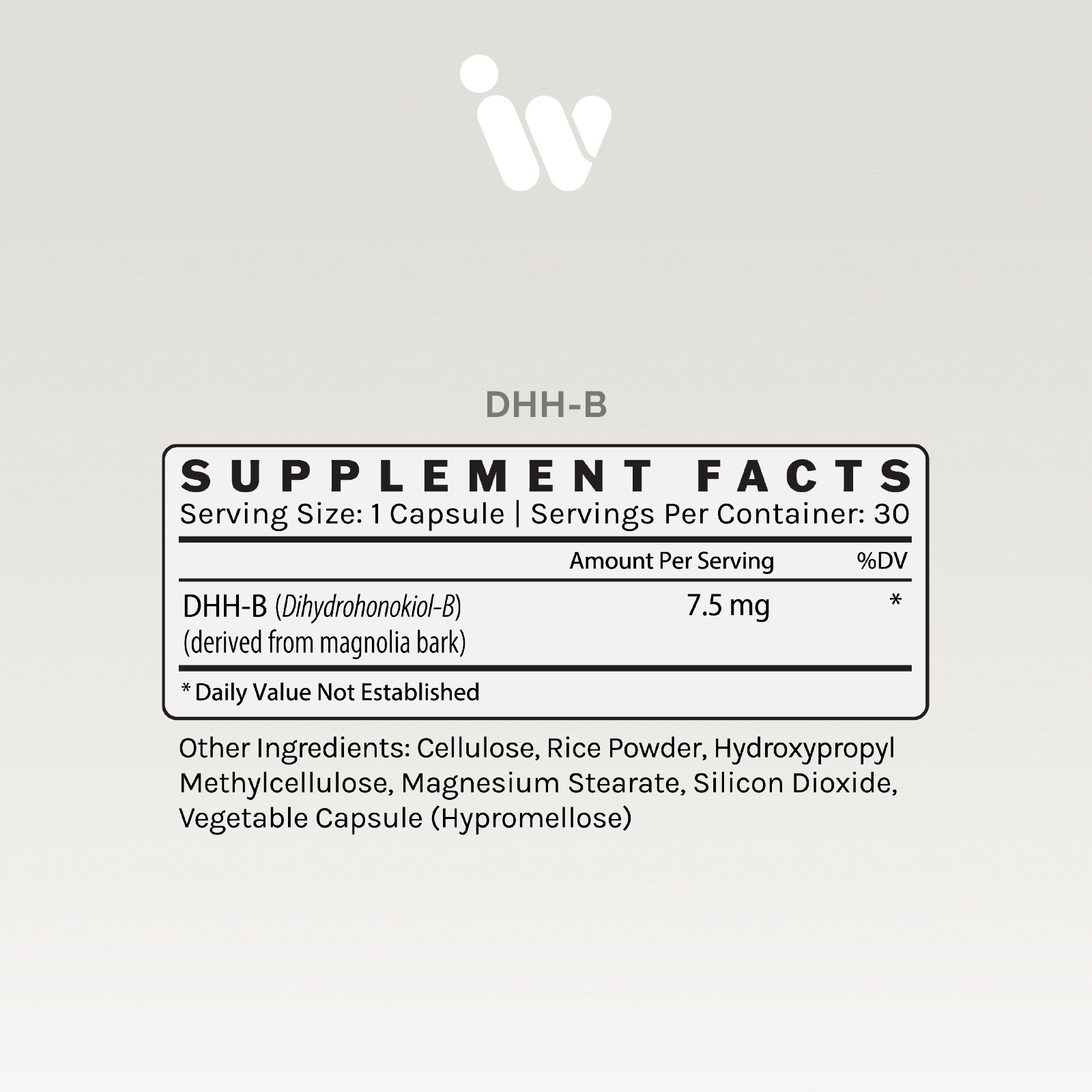 Supplement facts label showing 7.5mg DHH-B per serving, derived from magnolia bark; 30 servings per container.
