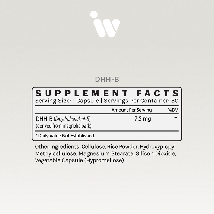 Supplement Facts panel for InfiniWell DHH-B Mood Support showing serving size, active ingredient, and other ingredients.